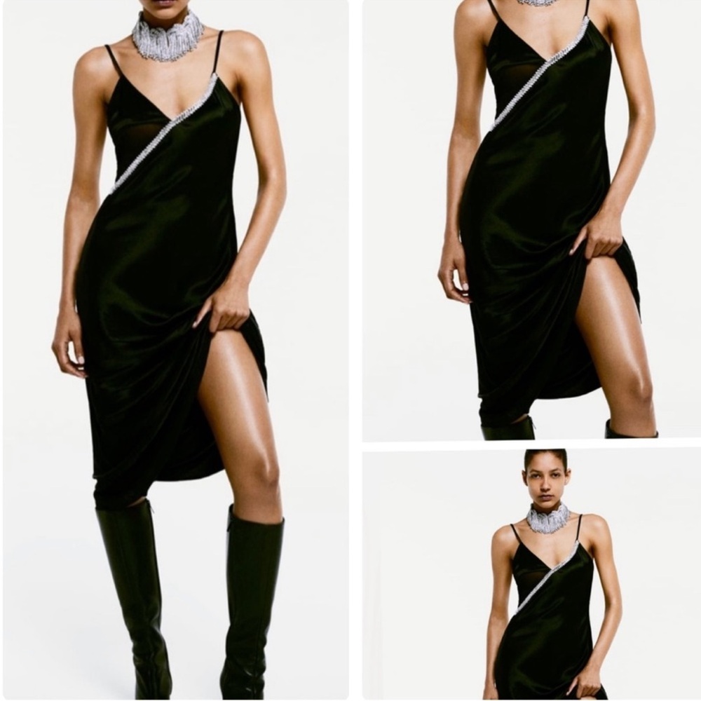 Zara {satin + rhinestone} black slip dress Size XS